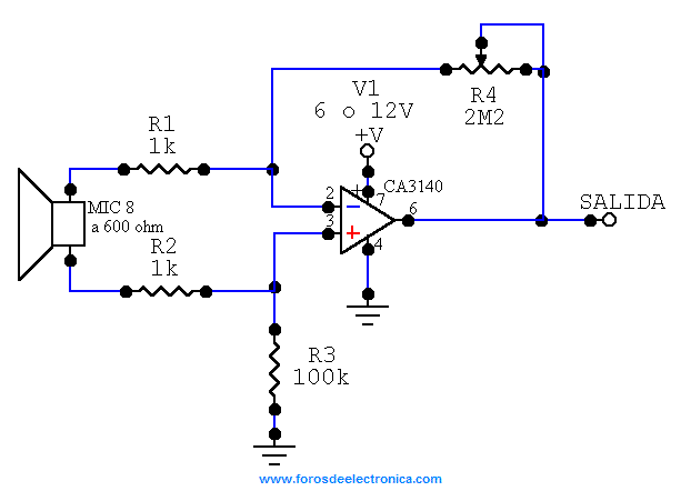 Circuitos de AL - Preamplificador de alta ganacia para microfono electret  con amplificador para retorno.